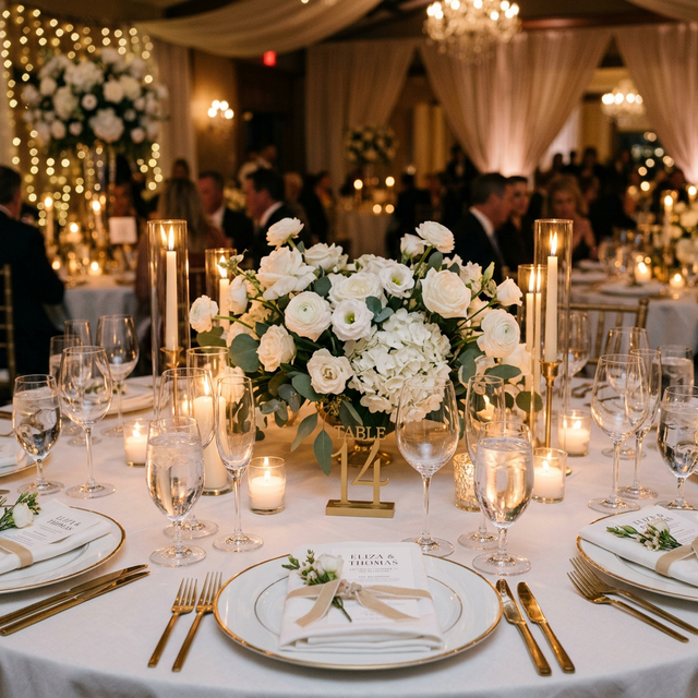 Mesa de recepción decorada con flores y velas